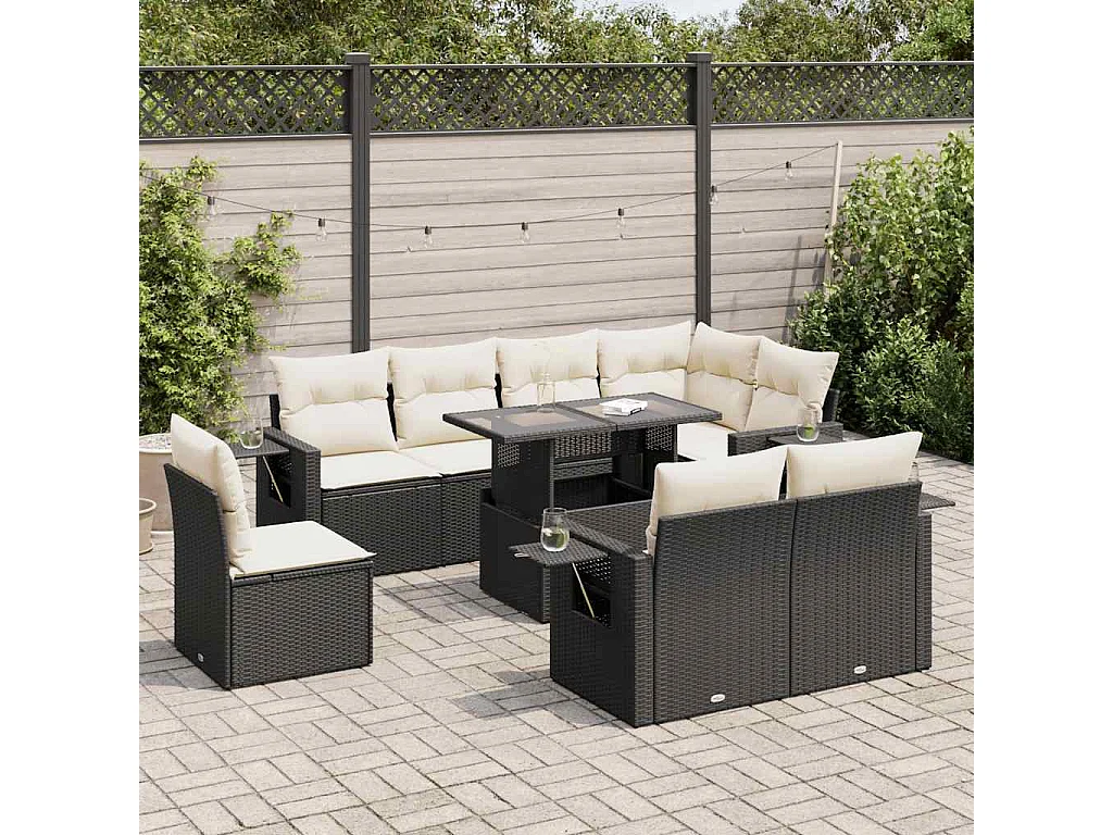 9-delige Loungeset met kussens poly rattan zwart