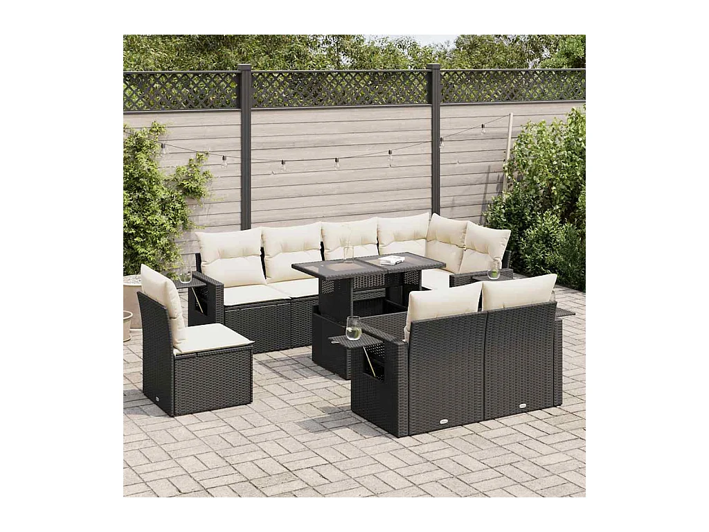 Salon de jardin 9 pcs avec coussins noir résine tressée