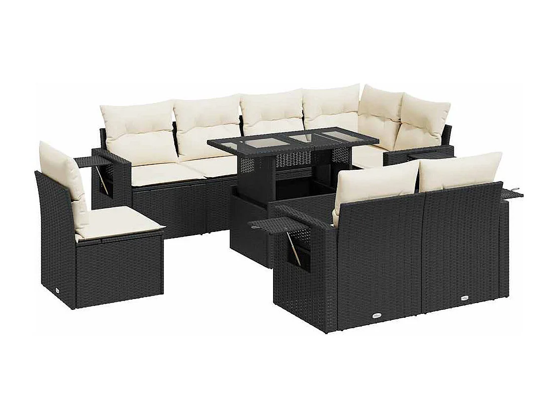 9-delige Loungeset met kussens poly rattan zwart
