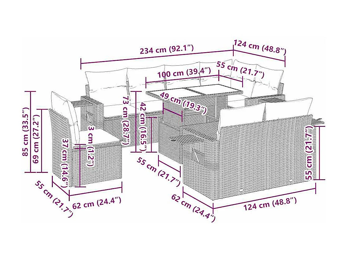 9-delige Loungeset met kussens poly rattan zwart