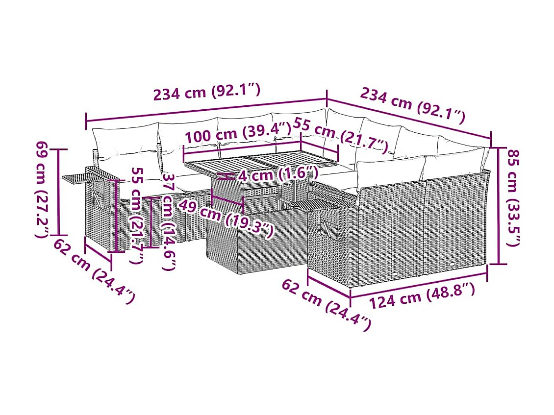 Salon de jardin avec coussins 9 pcs beige résine tressée