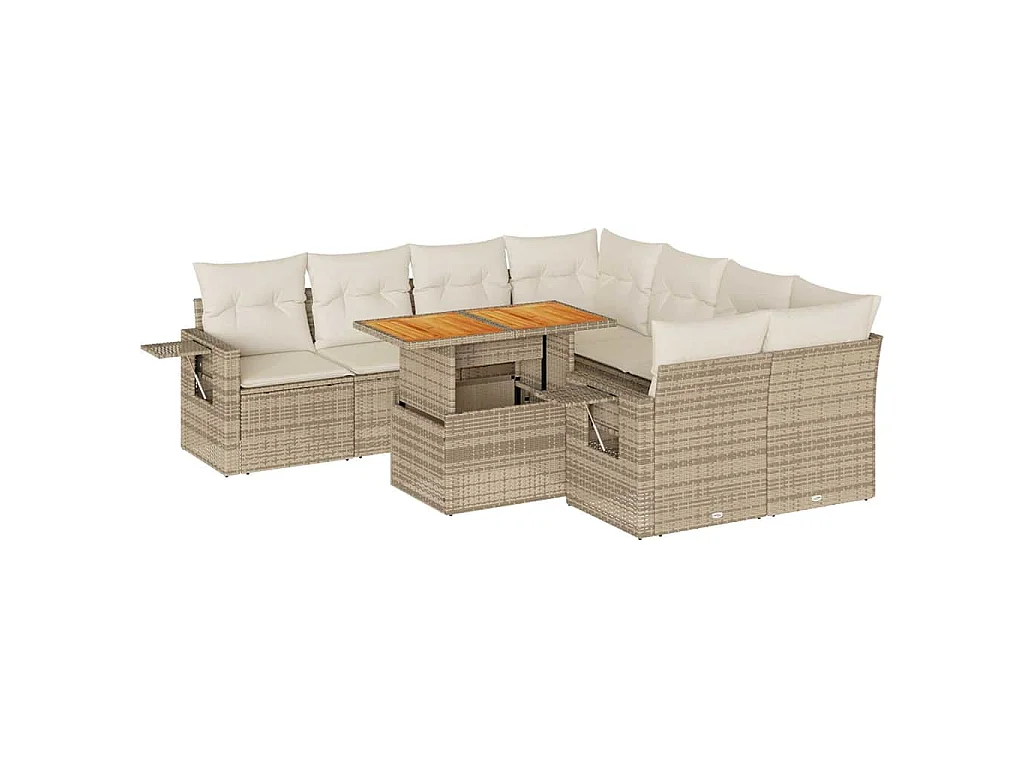 9 pcs conjunto de sofás p/ jardim com almofadões vime PE bege