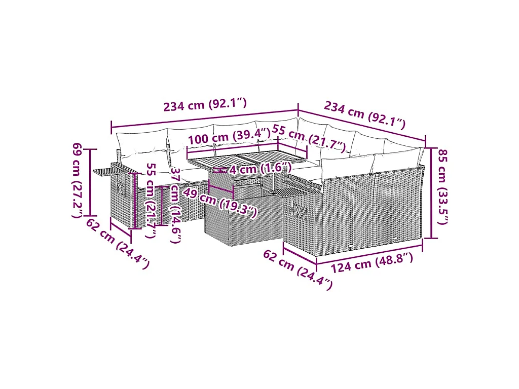 9 pcs conjunto de sofás p/ jardim com almofadões vime PE bege