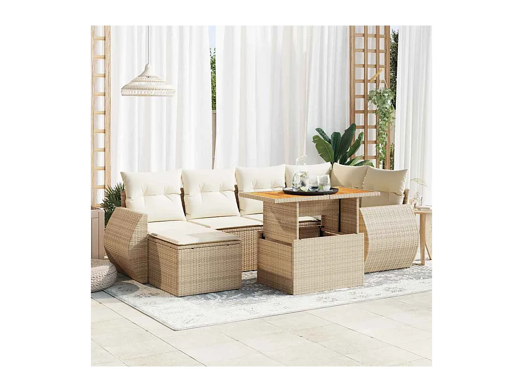 Salon de jardin avec coussins 7 pcs beige résine tressée