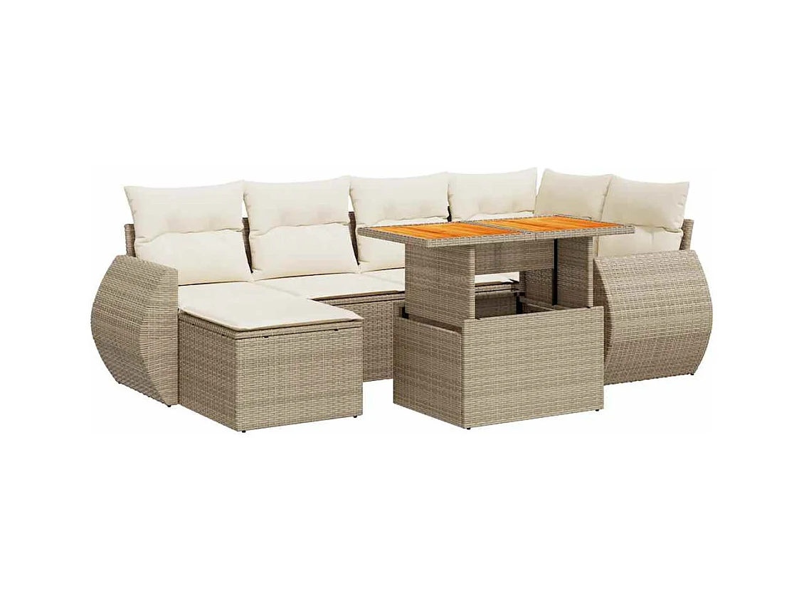 7-delige Loungeset met kussens poly rattan beige