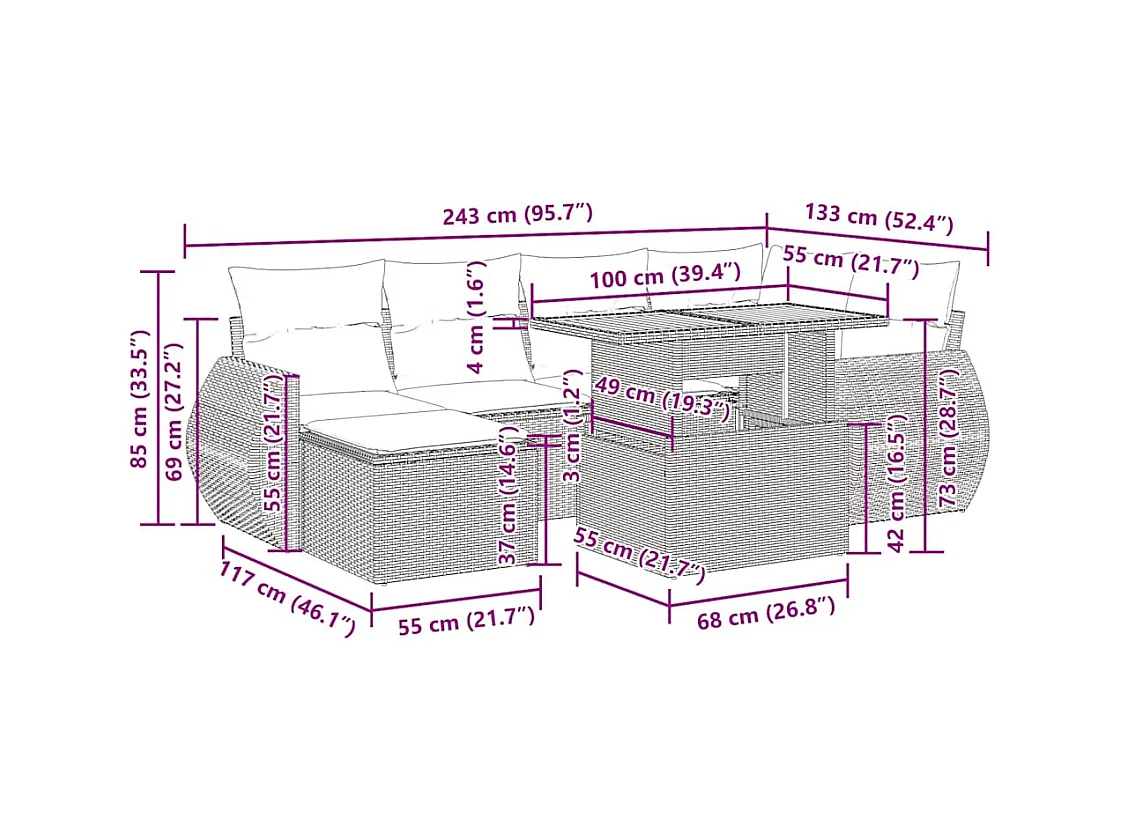 7-delige Loungeset met kussens poly rattan beige