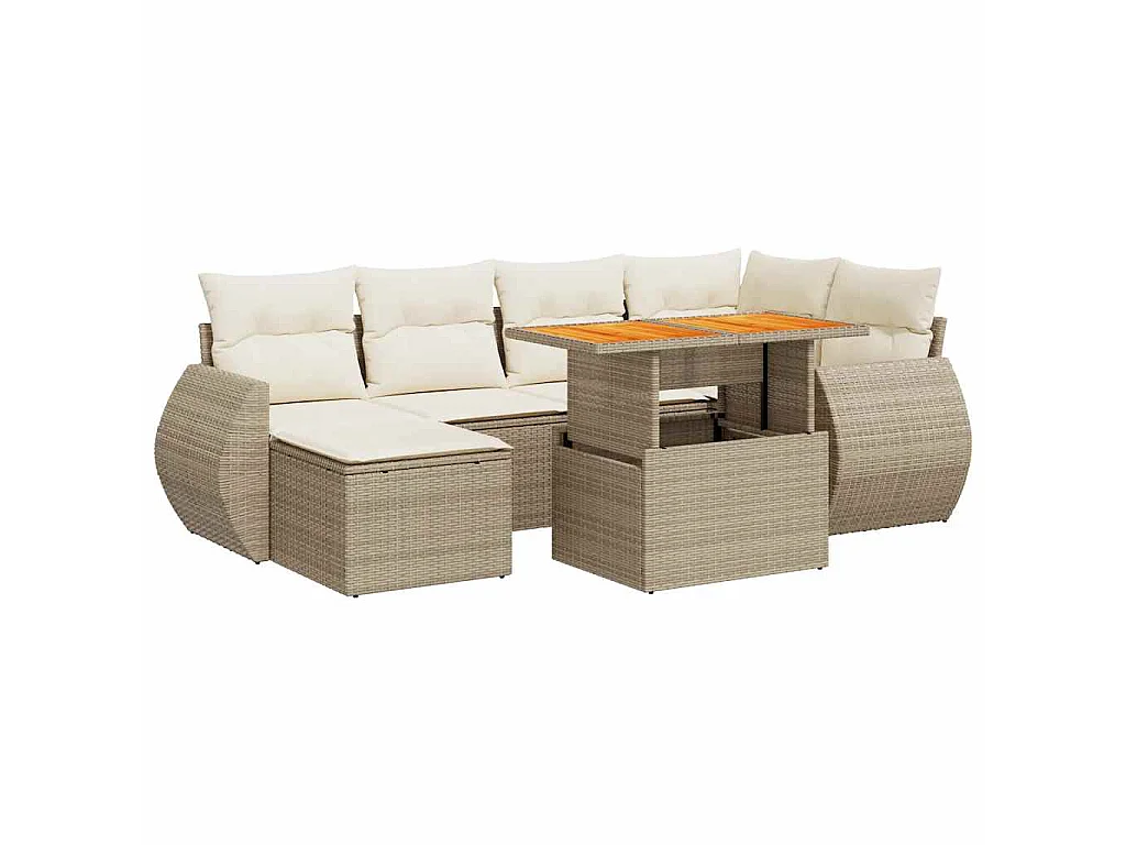 7 pcs conjunto de sofás p/ jardim com almofadões vime PE bege