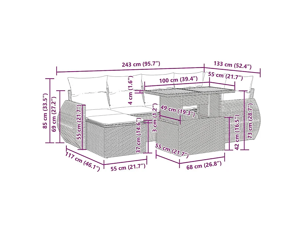 7 pcs conjunto de sofás p/ jardim com almofadões vime PE bege
