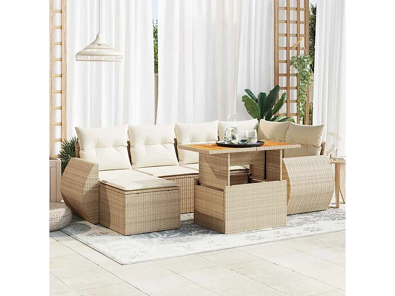 Salon de jardin avec coussins 7 pcs beige résine tressée
