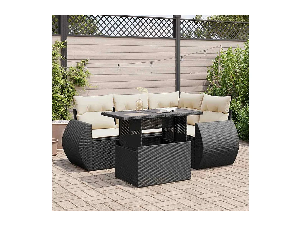5 pcs conjunto sofás de jardim com almofadões vime PE preto
