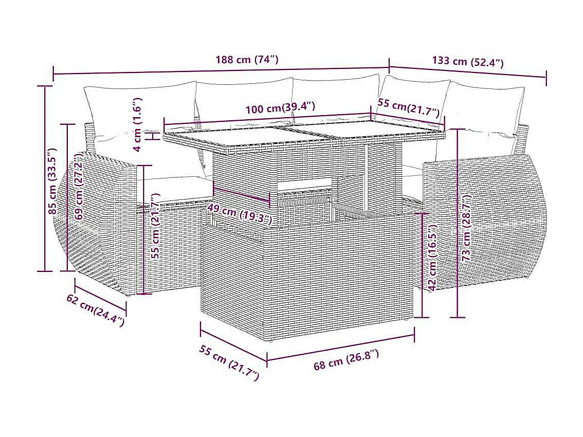 Salon de jardin 5 pcs avec coussins noir résine tressée