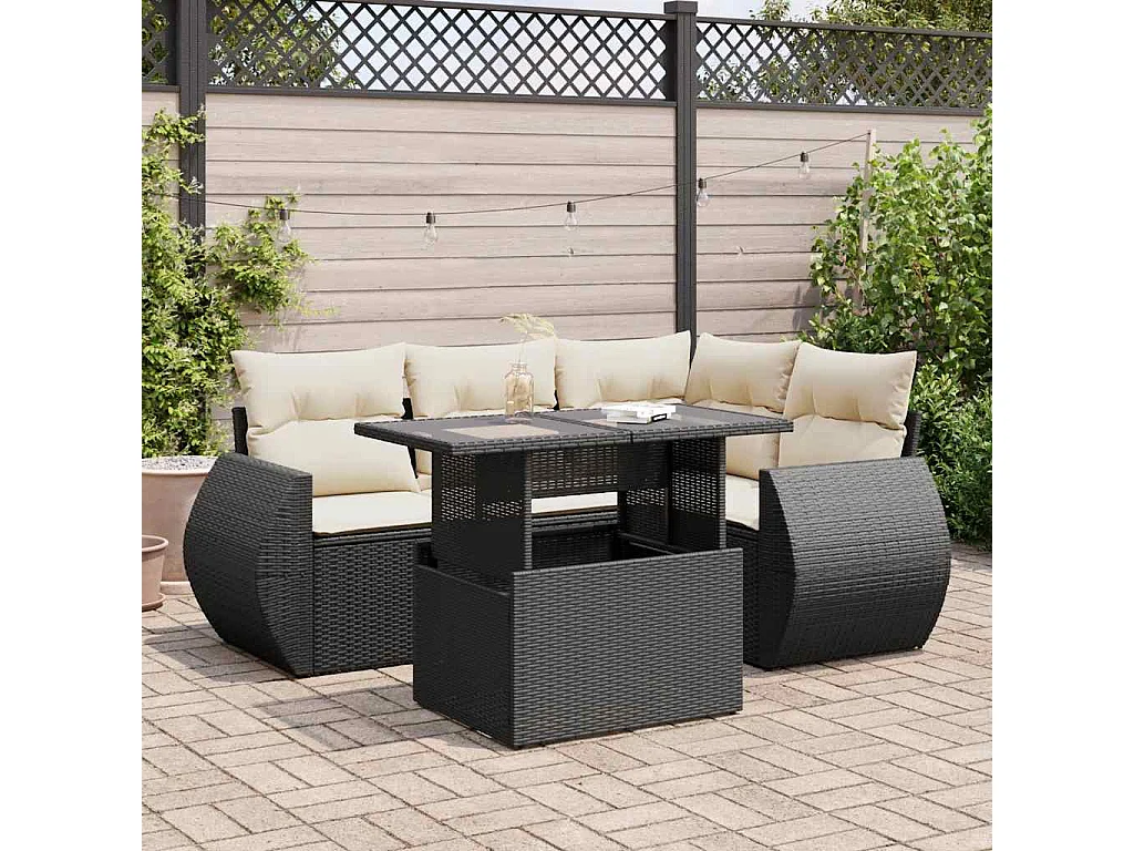 Salon de jardin 5 pcs avec coussins noir résine tressée