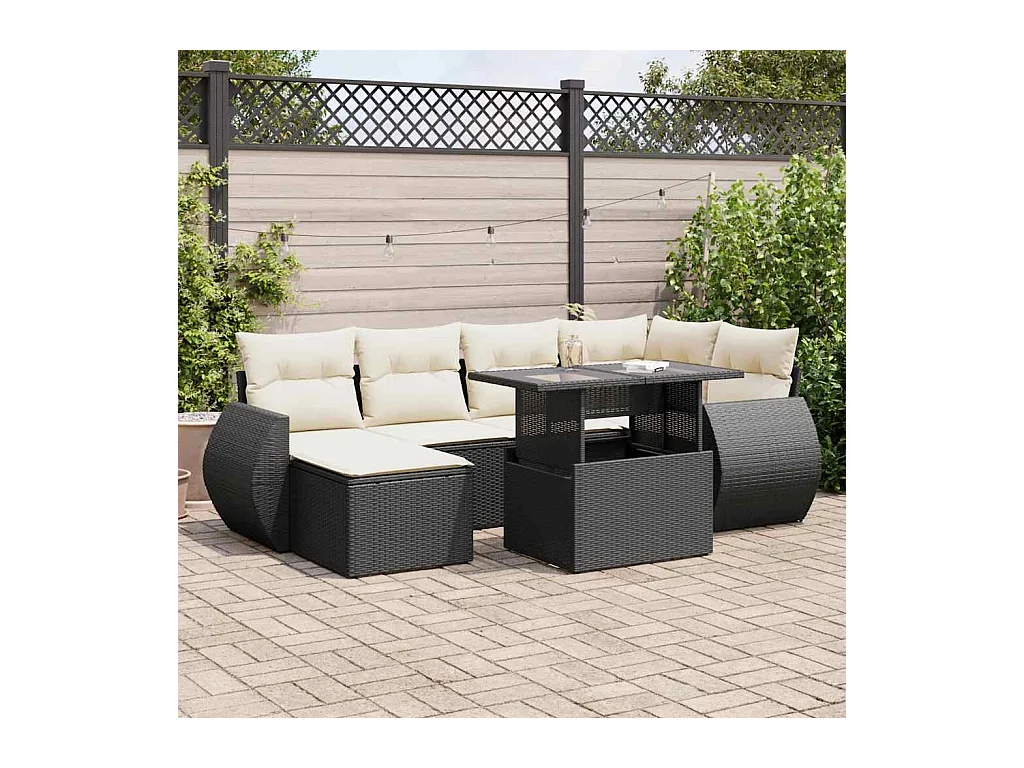 Salon de jardin 7 pcs avec coussins noir résine tressée
