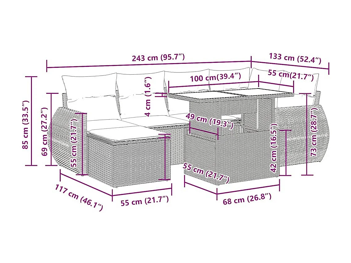 7 pcs conjunto de sofás p/ jardim c/ almofadões vime PE preto