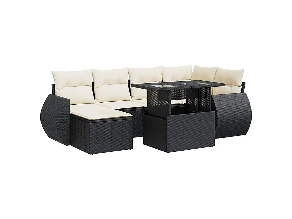 7-tlg. Garten-Sofagarnitur mit Kissen Schwarz Poly Rattan