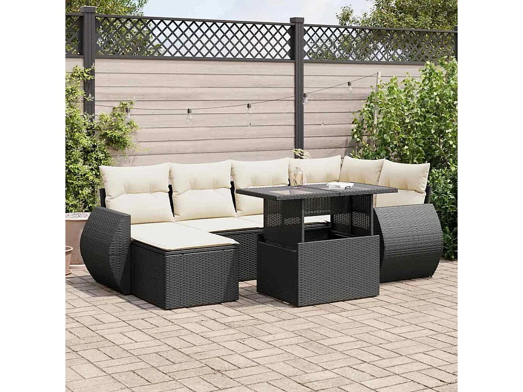 7-tlg. Garten-Sofagarnitur mit Kissen Schwarz Poly Rattan