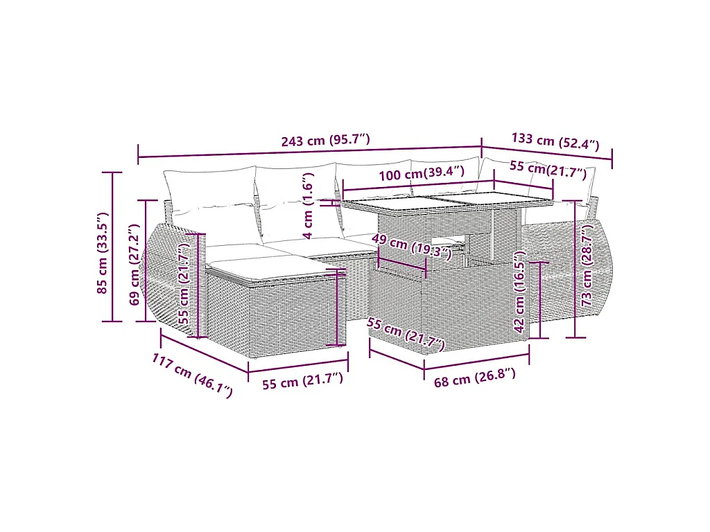 7-tlg. Garten-Sofagarnitur mit Kissen Schwarz Poly Rattan
