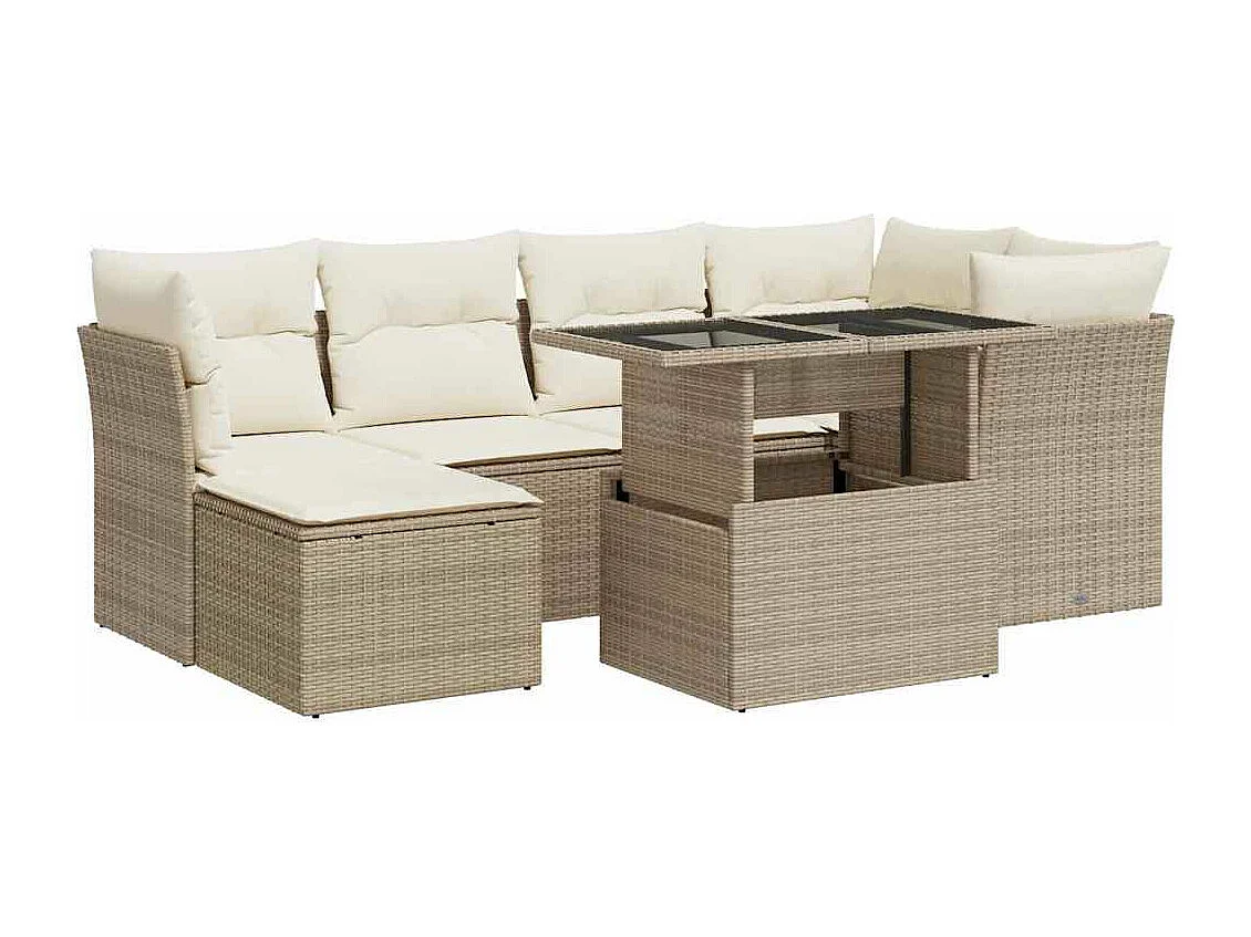 7-tlg. Garten-Sofagarnitur mit Kissen Beige Poly Rattan