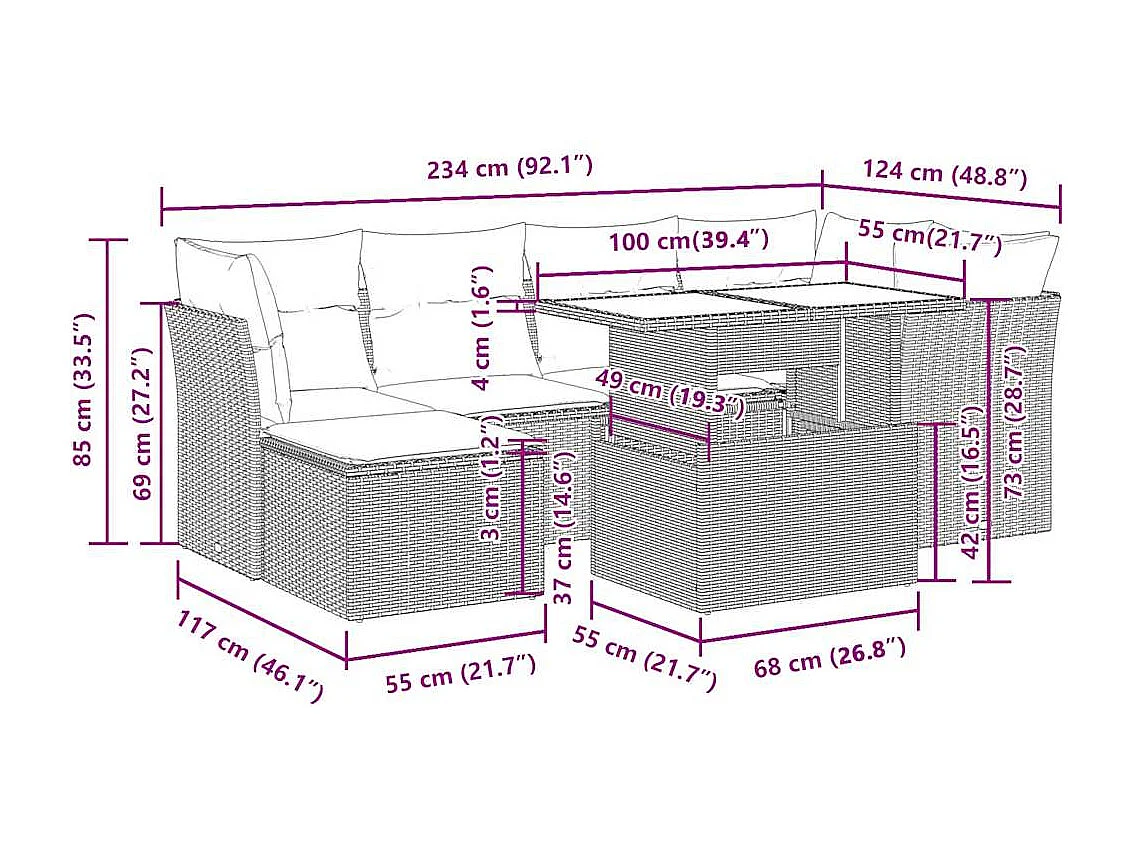 7-tlg. Garten-Sofagarnitur mit Kissen Beige Poly Rattan