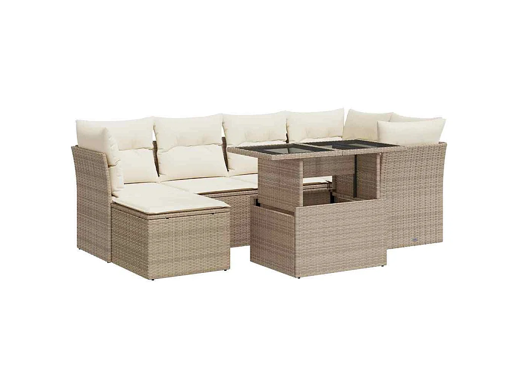 7-tlg. Garten-Sofagarnitur mit Kissen Beige Poly Rattan