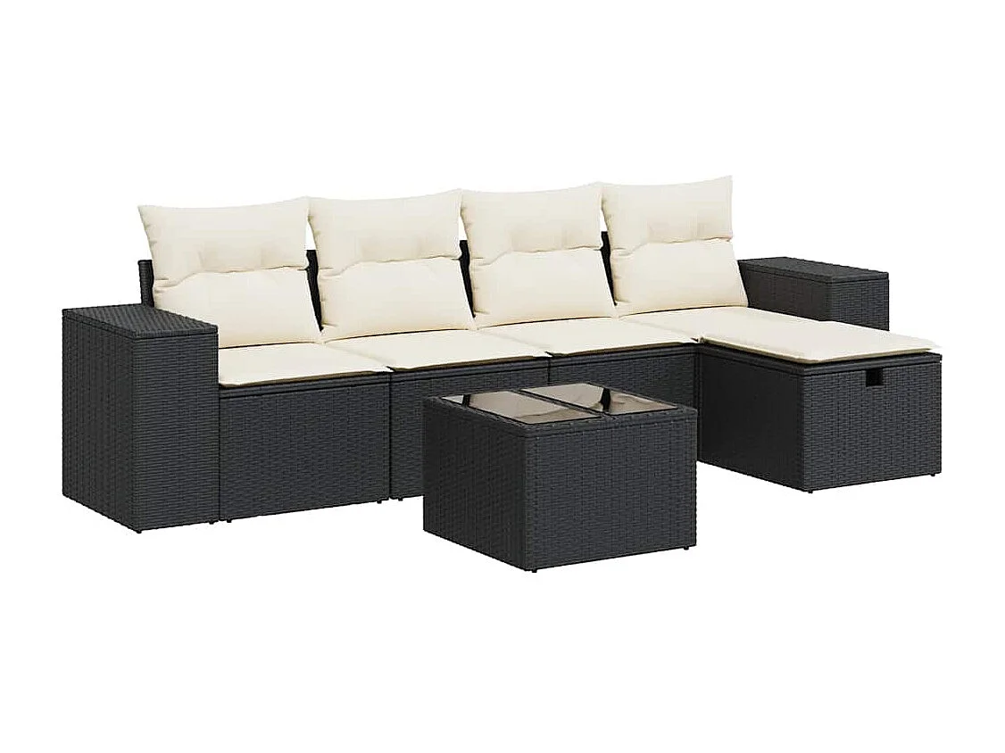 6-delige Loungeset met kussens poly rattan zwart