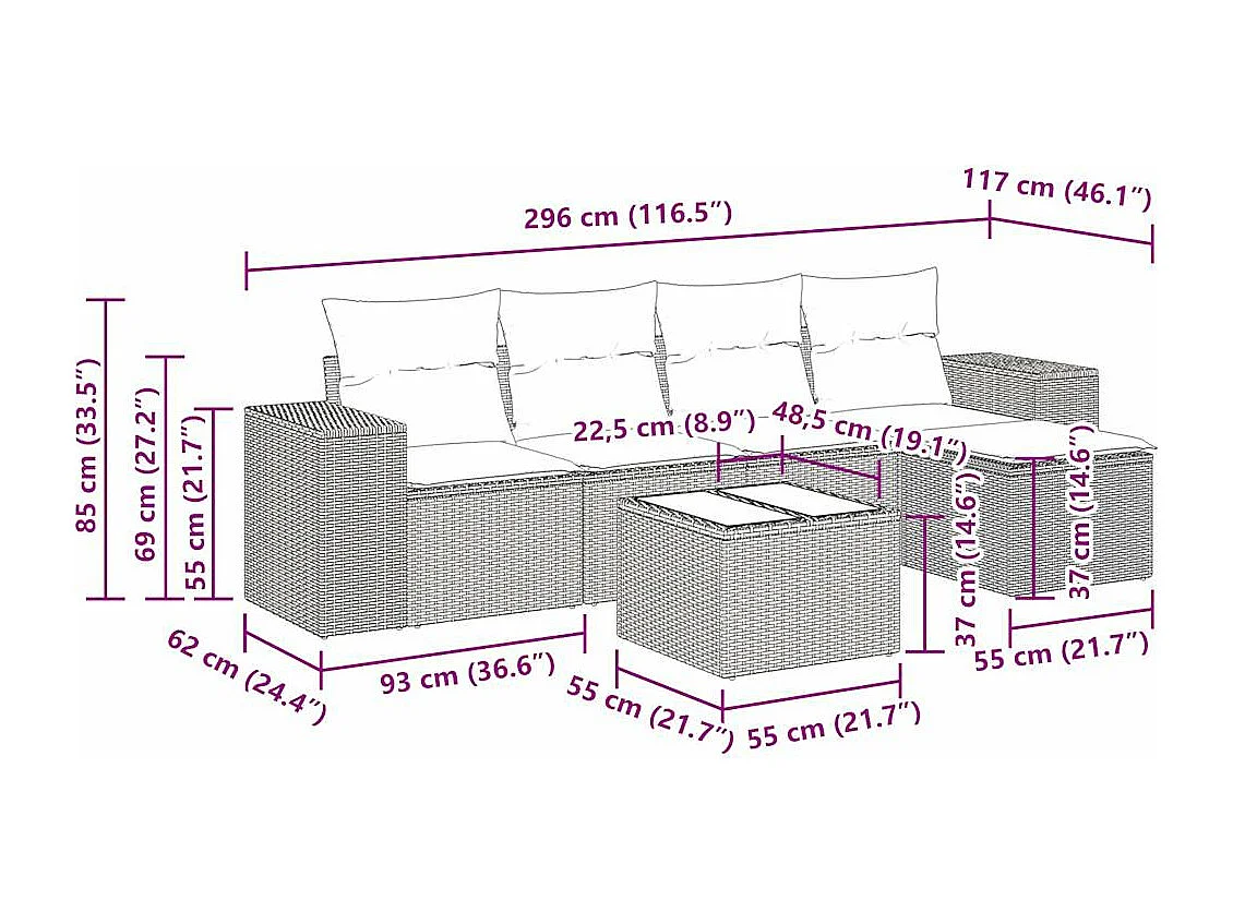 6-delige Loungeset met kussens poly rattan zwart