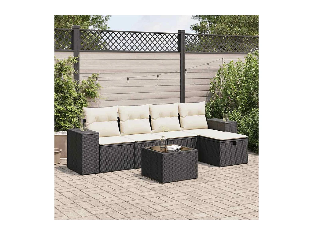 6-tlg. Garten-Sofagarnitur mit Kissen Schwarz Poly Rattan