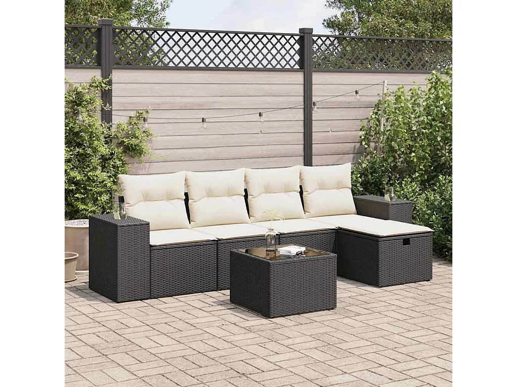 Salon de jardin 6 pcs avec coussins noir résine tressée
