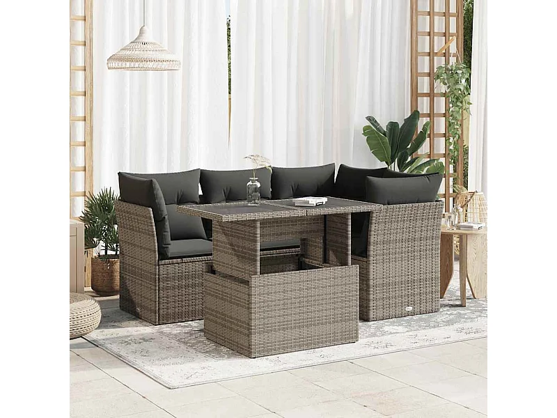 Salon de jardin 5 pcs avec coussins gris résine tressée