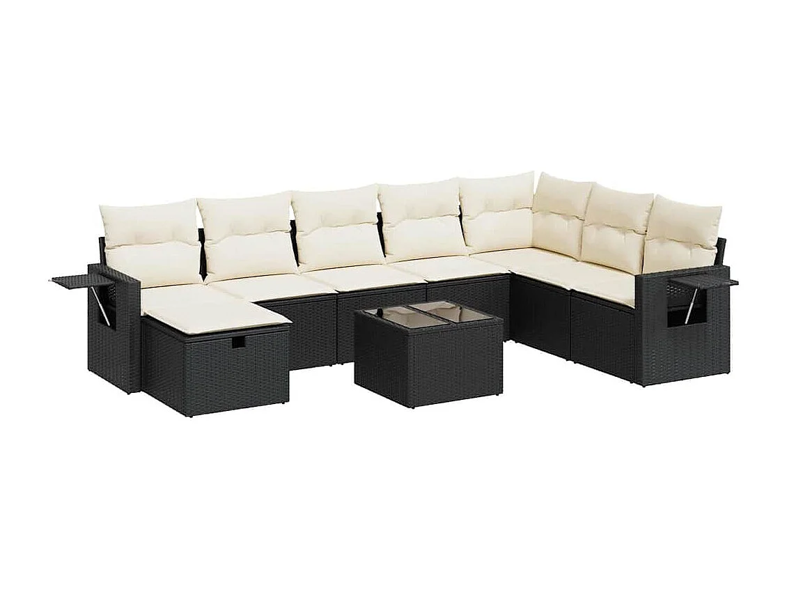 Salon de jardin 9 pcs avec coussins noir résine tressée