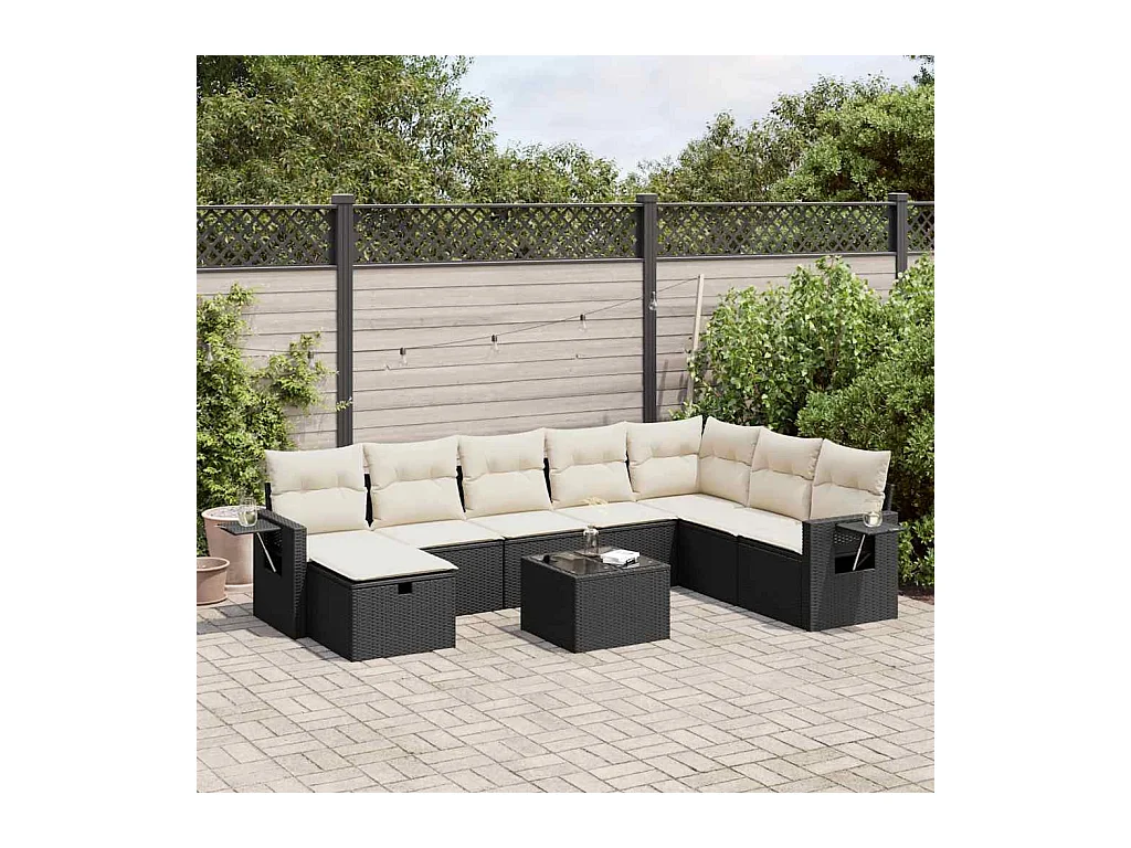 Set Divani da Giardino 9 pz con Cuscini Nero in Polyrattan