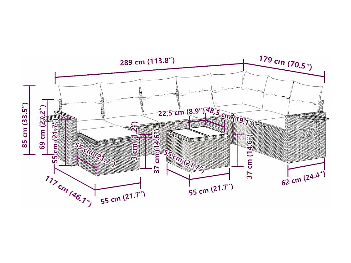 Salon de jardin 9 pcs avec coussins noir résine tressée