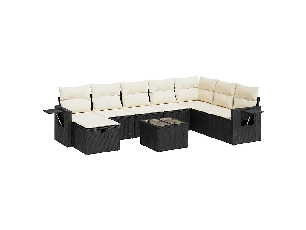 9 pcs conjunto de sofás p/ jardim c/ almofadões vime PE preto