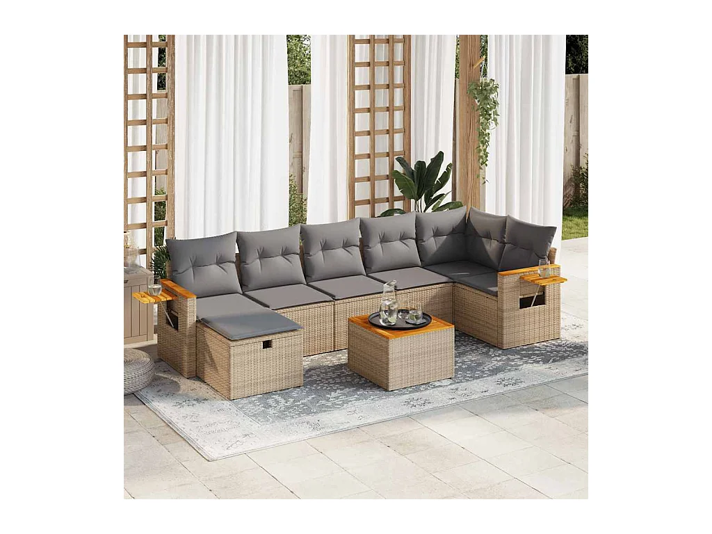 8-delige Loungeset met kussens poly rattan beige