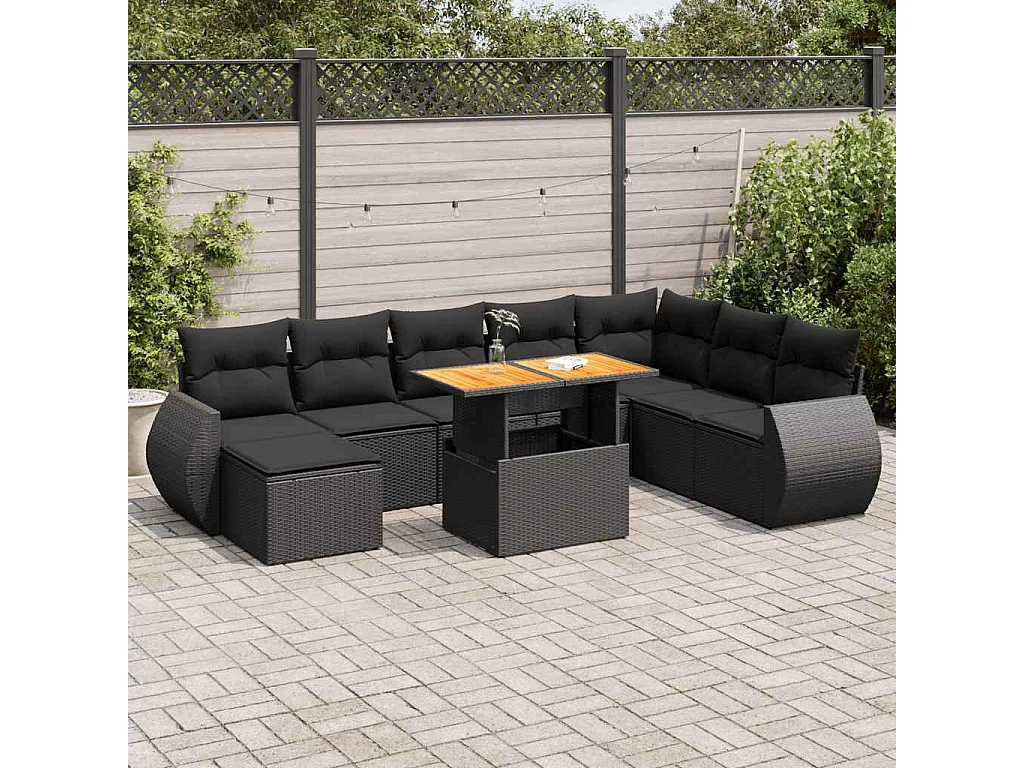 9-tlg. Garten-Sofagarnitur mit Kissen Schwarz Poly Rattan