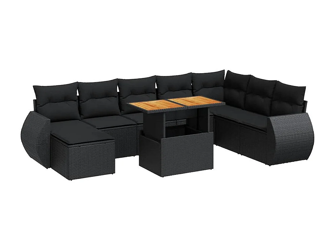 9-tlg. Garten-Sofagarnitur mit Kissen Schwarz Poly Rattan