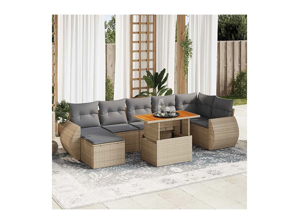 Salon de jardin avec coussins 8 pcs beige résine tressée