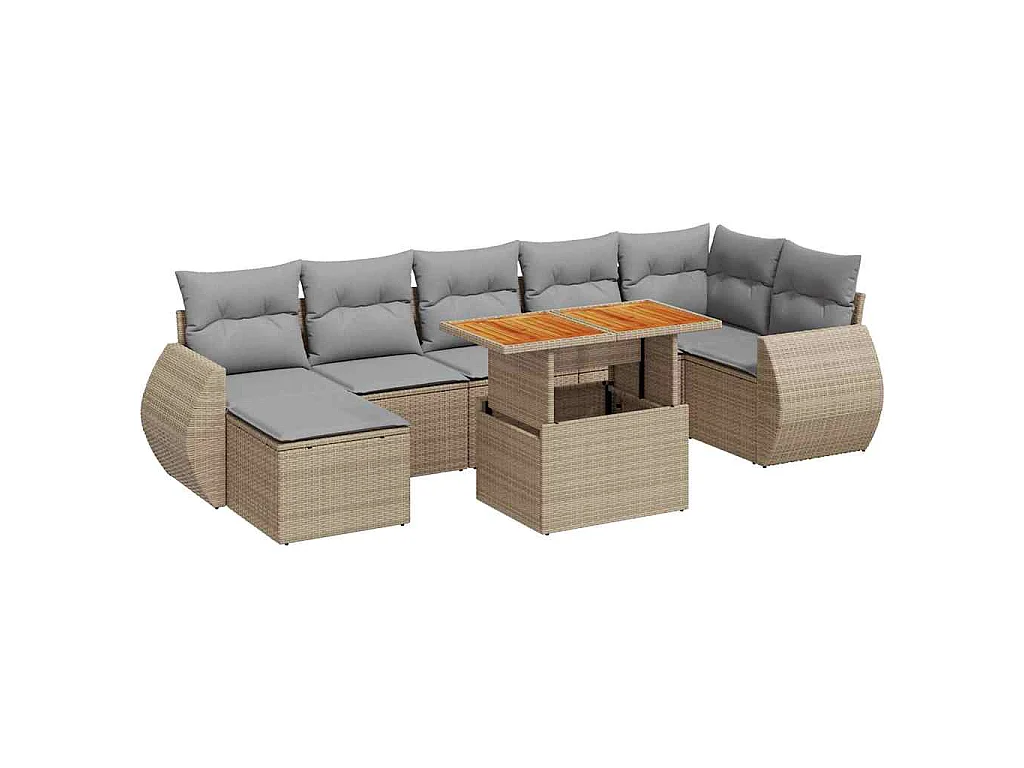 8 pcs conjunto de sofás p/ jardim com almofadões vime PE bege