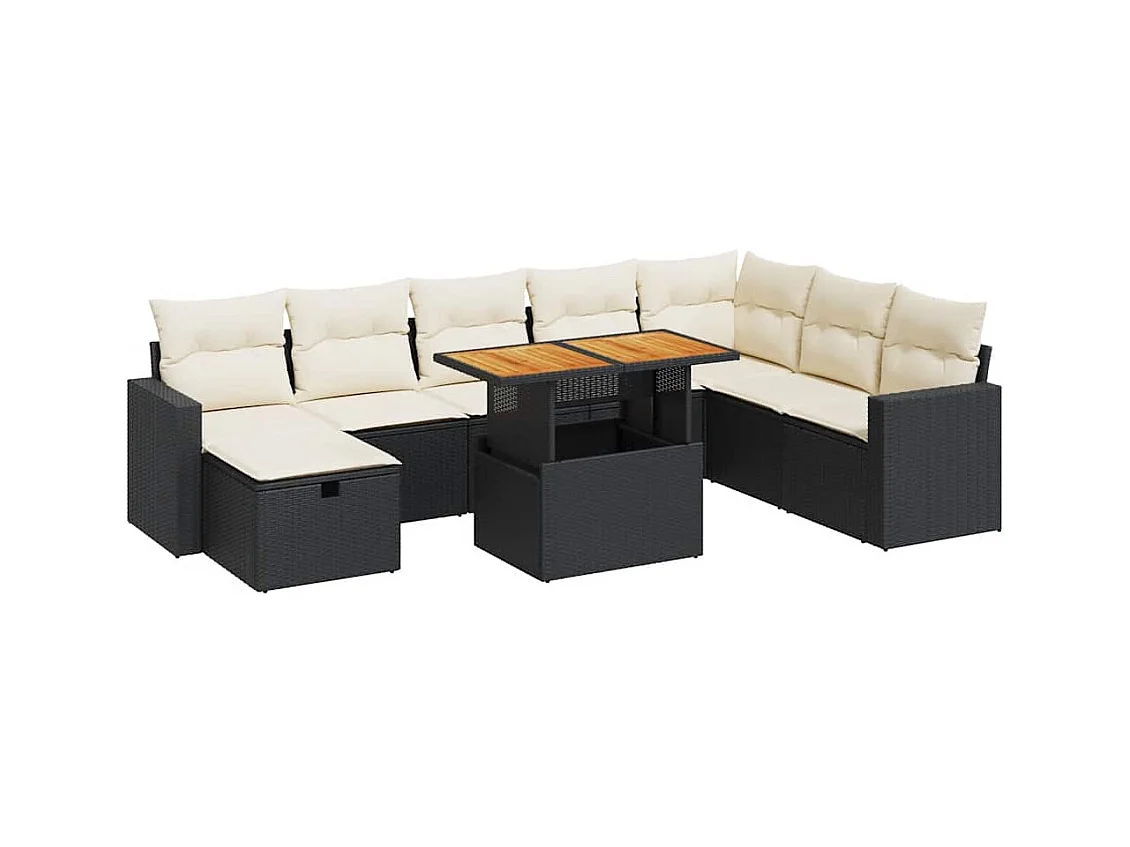 Salon de jardin avec coussins 9 pcs noir résine tressée acacia
