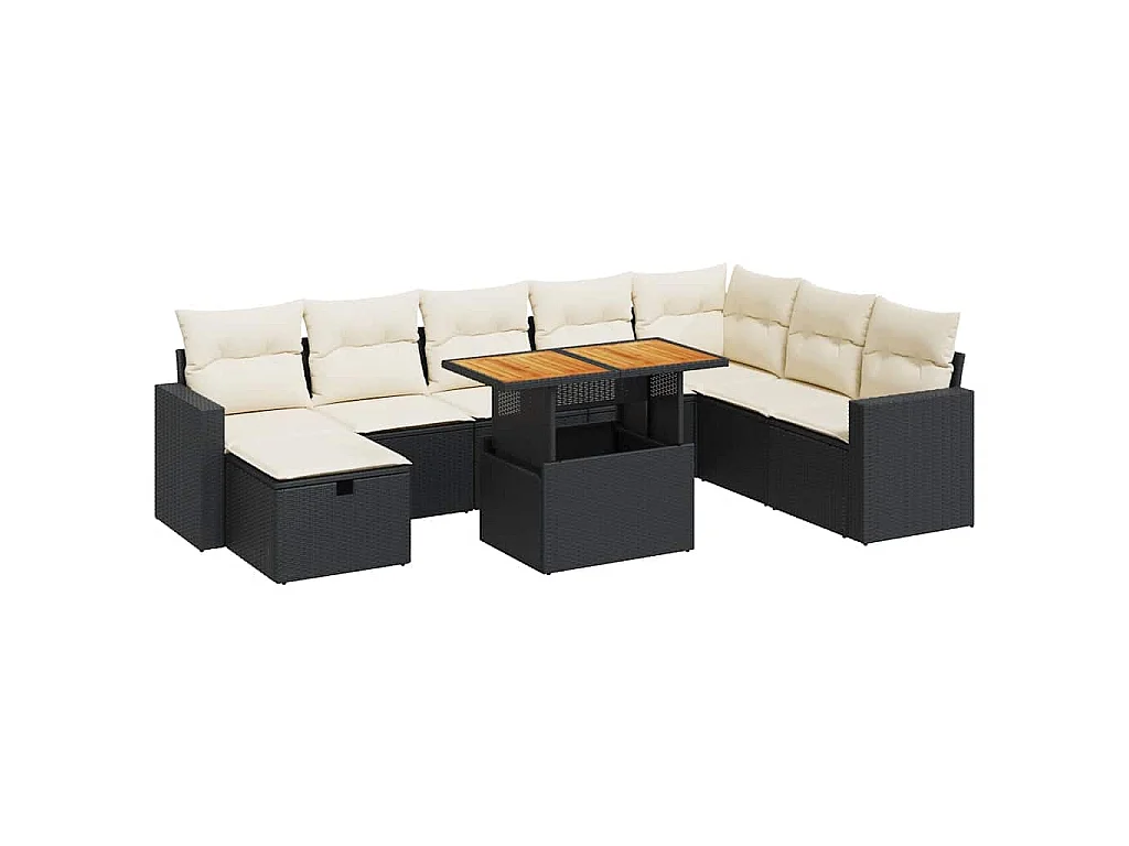 Salon de jardin avec coussins 9 pcs noir résine tressée acacia
