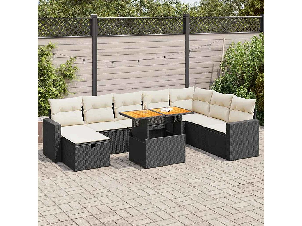 Salon de jardin avec coussins 9 pcs noir résine tressée acacia