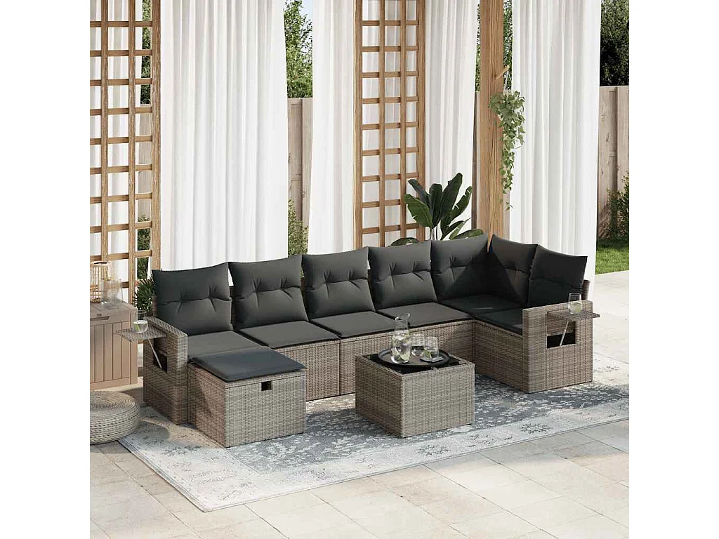 8-delige Loungeset met kussens poly rattan grijs