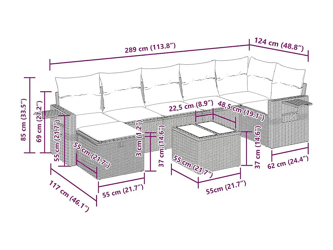 8-delige Loungeset met kussens poly rattan grijs