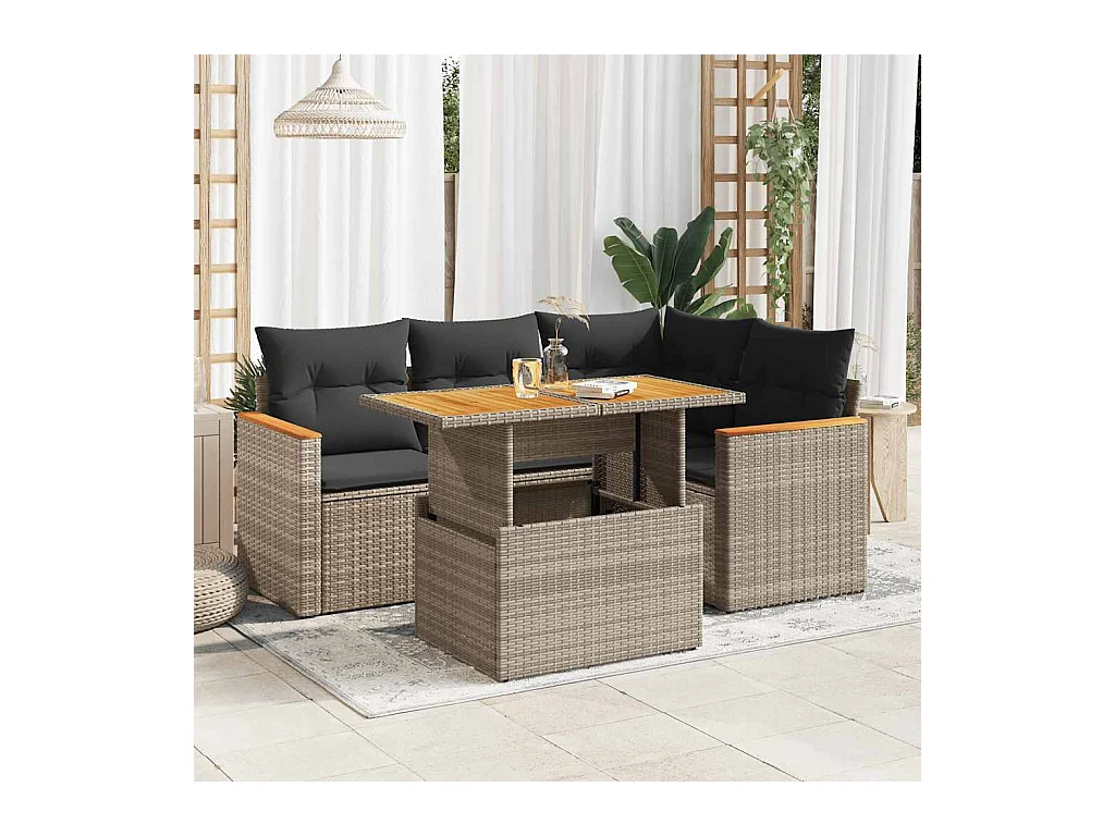 Salon de jardin 5 pcs avec coussins gris résine tressée acacia