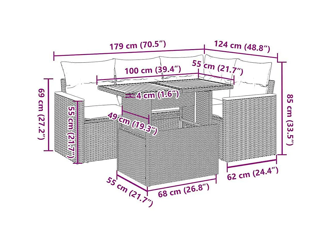 Salon de jardin 5 pcs avec coussins gris résine tressée acacia