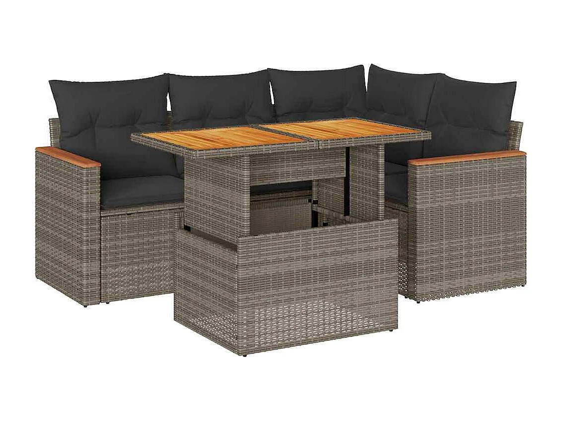 Salon de jardin 5 pcs avec coussins gris résine tressée acacia