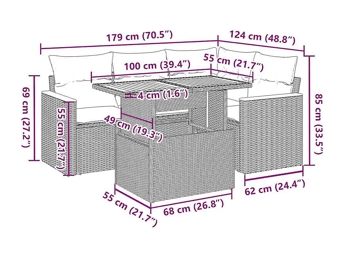 Salon de jardin 5 pcs avec coussins gris résine tressée acacia