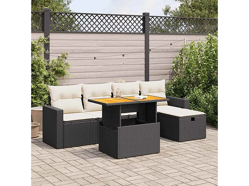 Salon de jardin 6 pcs avec coussins noir résine tressée acacia