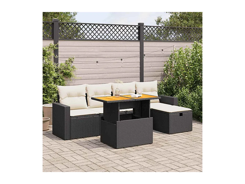 6-delige Loungeset met kussens poly rattan acacia zwart