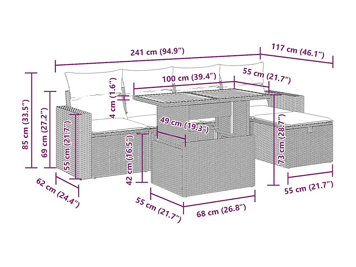 6-delige Loungeset met kussens poly rattan acacia zwart
